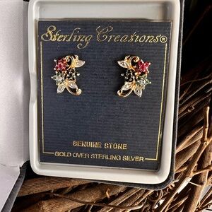 Gold-Over-Sterling Floral Multi-Stone Stud Earrings - Red, Green & Blue
